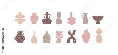 Set of different pottery vases and ceramic shapes. Silhouette Icons with grunge texture. Vector illustration.