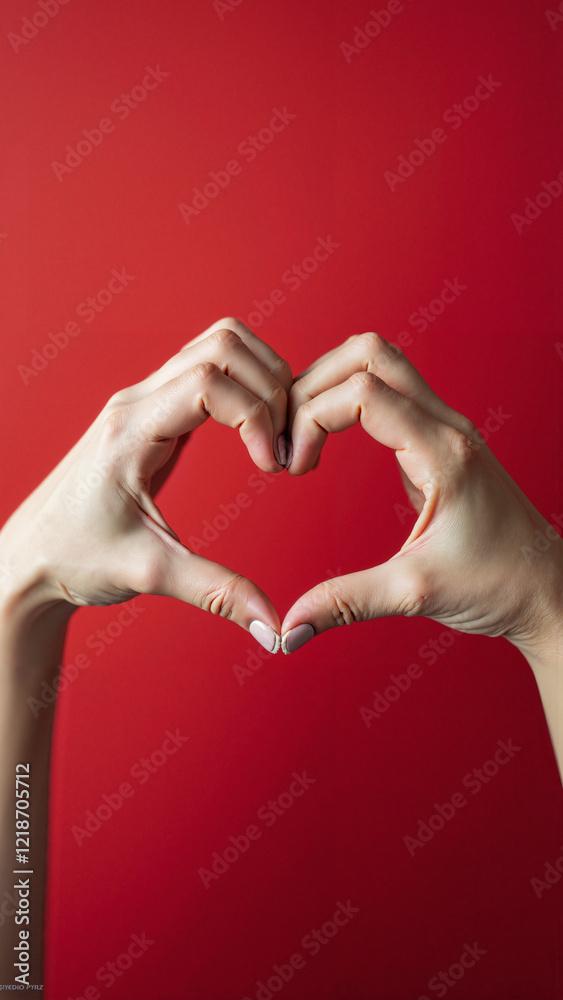 Delicate Female Hands Forming a Heart Shape on Vibrant Red Background for Valentine's Day, Healthcare, and Wellness Campaigns Delicate Female Hands Forming a Heart Shape on Vibrant Red Background for Valentine's Day, Healthcare, and Wellness Campaigns