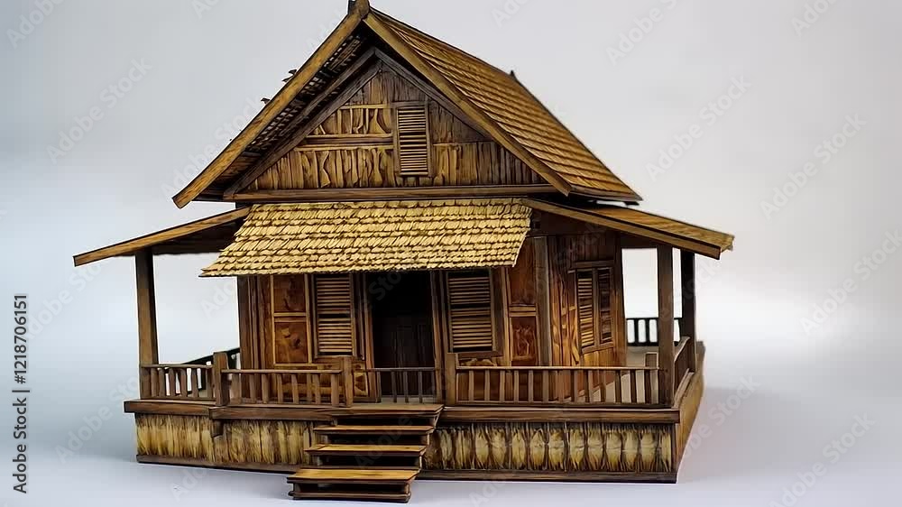 Intricate Wooden Model of a Southeast Asian Stilt House with Thatched Roof Intricate Wooden Model of a Southeast Asian Stilt House with Thatched Roof
