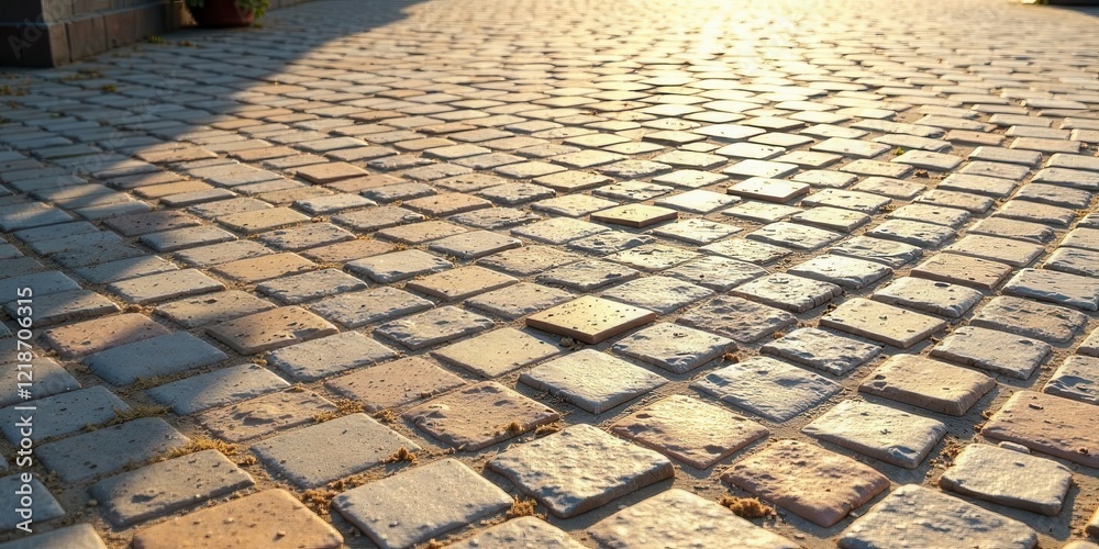 Fototapeta premium A Sunlit Pathway of Interlocking Stone Blocks, Creating a Textured Surface with Subtle Variations in Color and Tone