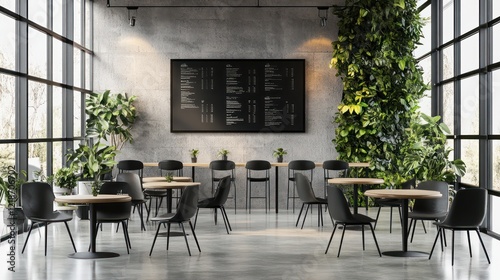 Modern restaurant interior with green wall, tables, chairs and menu board in natural light