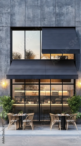 Outdoor patio area of a restaurant with dark awnings and tables and chairs at evening