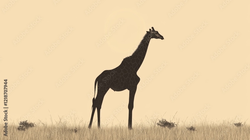 Fototapeta premium Silhouette of a giraffe standing in tall grass against a pale background.
