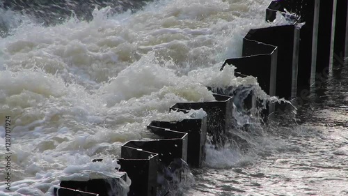 A dynamic image depicting flowing water cascading over geometric metal barriers, showcasing the interplay of nature and human engineering.