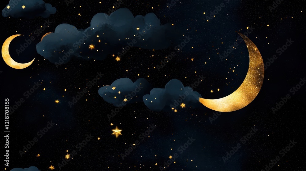 Naklejka premium Stunning golden and black night sky painting featuring a luminous moon and shimmering stars.