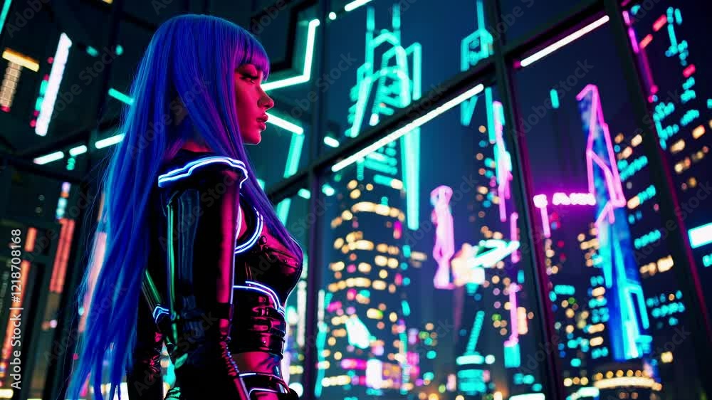 Cyberpunk girl with blue hair and a futuristic outfit stands in a modern building, gazing at the vibrant, neon-lit cityscape through large windows