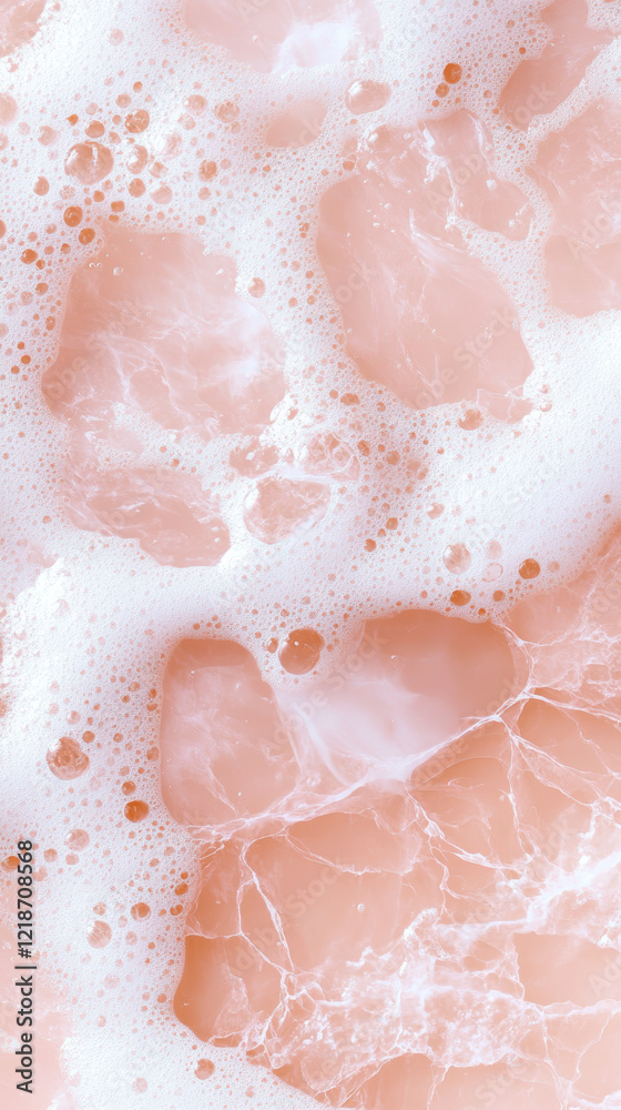 Fototapeta premium Bubbly foam over smooth pink marble texture, abstract art concept, pastel aesthetic design
