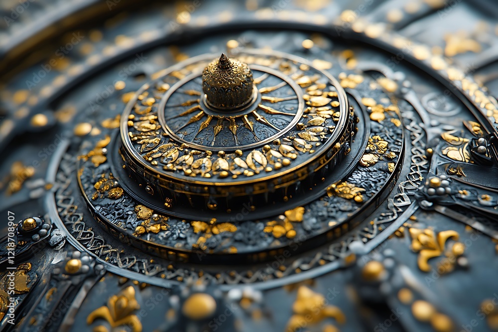 Close up of an ornate black and gold astrolabe with intricate patterns Close up of an ornate black and gold astrolabe with intricate patterns