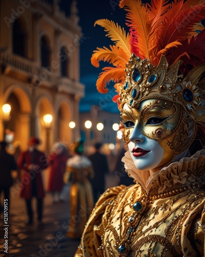 Venetian Carnival masked figures in opulent costumes under vibrant night lights