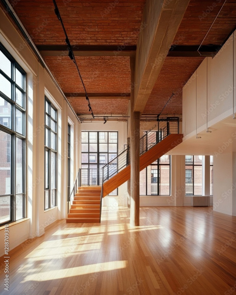 Fototapeta premium Industrial Warehouse Converted Into a Modern Creative Space with Open Layout and Stylish Design Elements