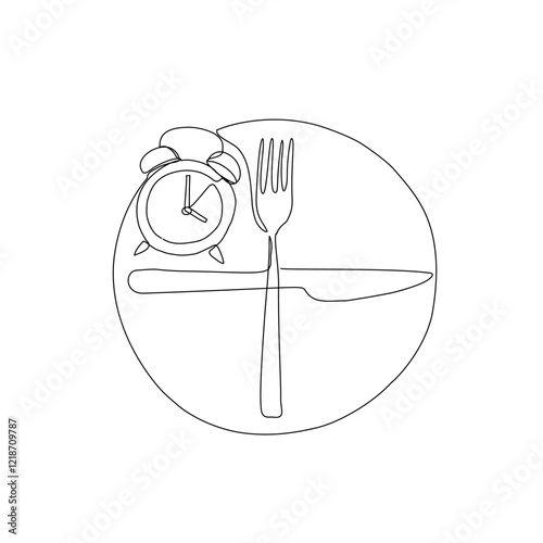 Intermittent fasting diet concept. Continuous line drawing of fork, knife and plate with alarm clock. Vector illustration of a fashionable trend in a healthy lifestyle.