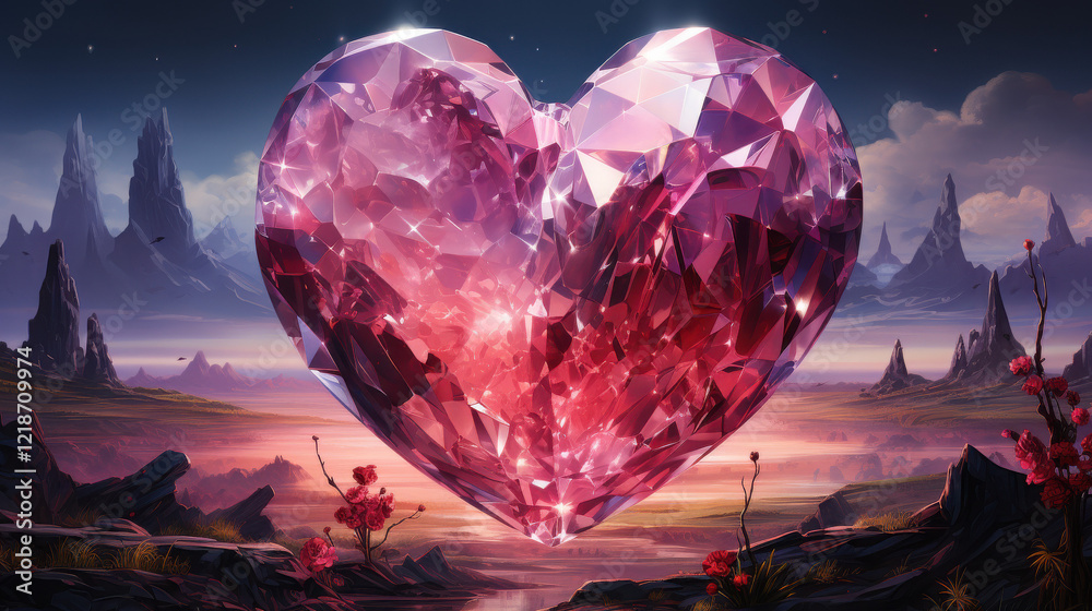 Fototapeta premium Giant Crystal Heart Reflecting Universes of Love Stories for Valentine's Day: Dreamlike Surreal Valentines Day Collages