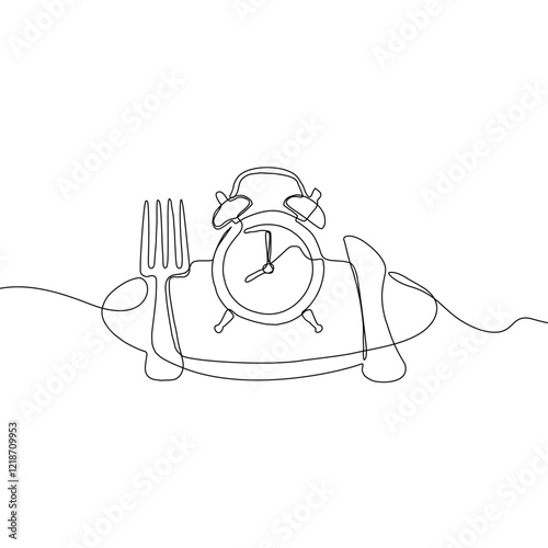 Intermittent fasting diet concept. Continuous line drawing of fork, knife and plate with alarm clock. Vector illustration of a fashionable trend in a healthy lifestyle.