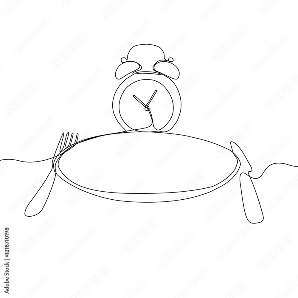 Intermittent fasting diet concept. Continuous line drawing of fork, knife and plate with alarm clock. Vector illustration of a fashionable trend in a healthy lifestyle. Intermittent fasting diet concept. Continuous line drawing of fork, knife and plate with alarm clock. Vector illustration of a fashionable trend in a healthy lifestyle.