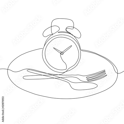 Intermittent fasting diet concept. Continuous line drawing of fork, knife and plate with alarm clock. Vector illustration of a fashionable trend in a healthy lifestyle.