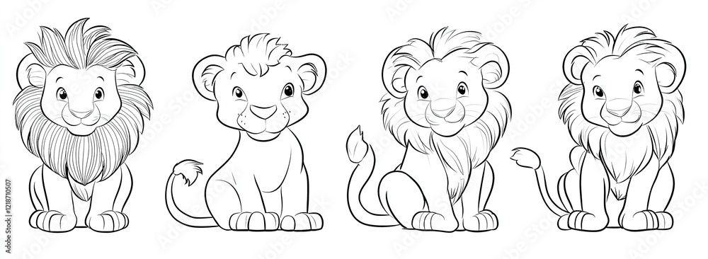 Set of sweet hand-drawn lions in line art style featuring a cub icon in vector form.