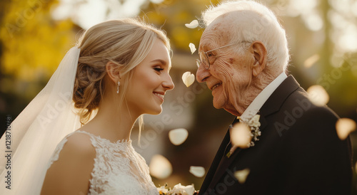 A bride shares a tender smile with her grandfather during a wedding ceremony, surrounded by falling flower petals in a warm autumn setting.