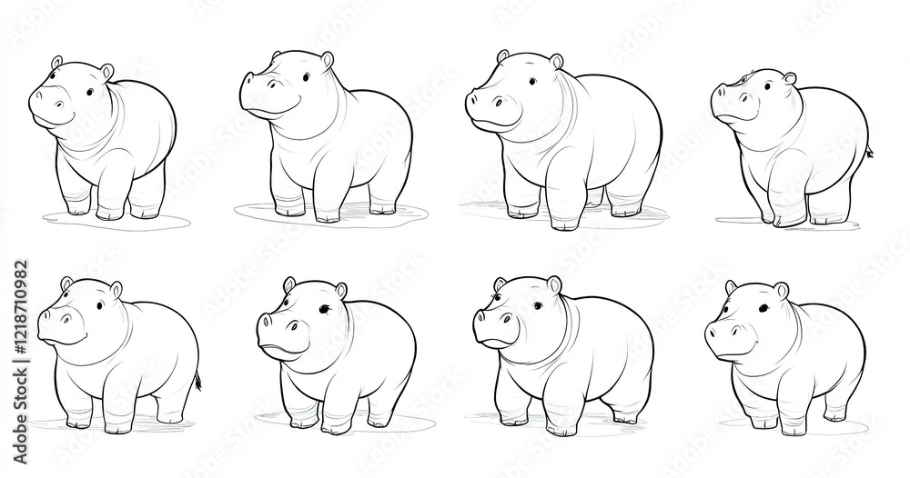 Fototapeta premium Set of playful hand-drawn hippos in line art style featuring adorable baby hippo illustrations as vector icons ideal for children’s projects or animal-themed designs