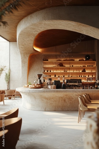 A modern cafe design with curved counters, lit shelves and a minimalist aesthetic