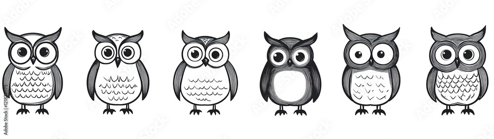 Set of endearing hand-drawn owls in line art vector style featuring intricate details in the feathers and eyes ideal for minimalist nature designs Set of endearing hand-drawn owls in line art vector style featuring intricate details in the feathers and eyes ideal for minimalist nature designs