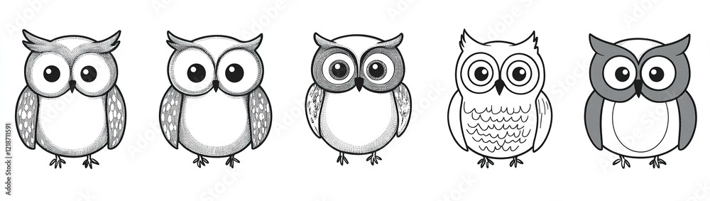 Fototapeta premium Set of endearing hand-drawn owls in line art vector style featuring intricate details in the feathers and eyes ideal for minimalist nature designs