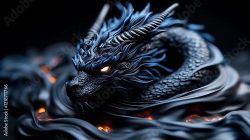 Majestic blue dragon sculpture in dark setting, flames below, fantasy art, game asset