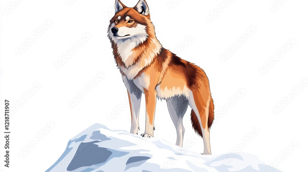 Obraz premium Majestic Reddish Brown Wolf Standing on Snowy Mountain Peak
