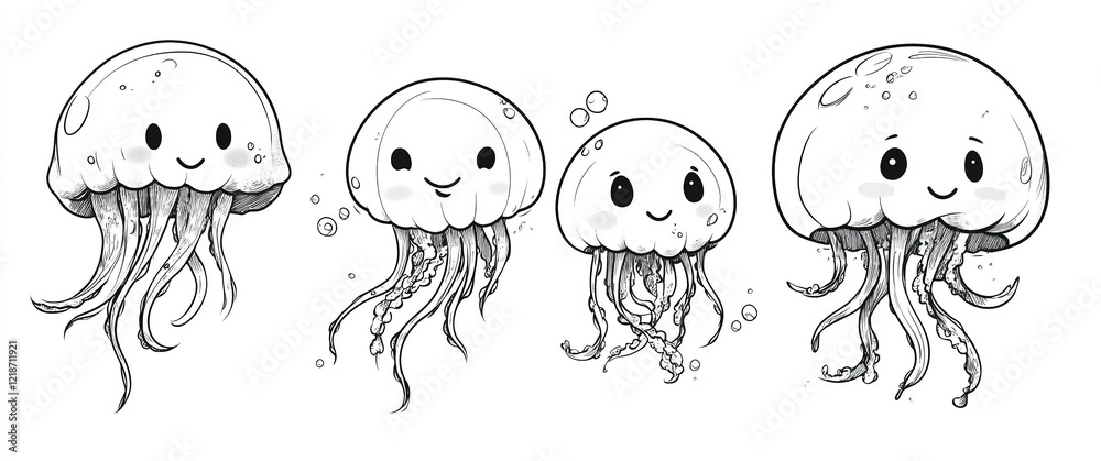 Obraz premium Set of endearing hand-drawn jellyfish in line art vector style featuring elegant and smooth shapes ideal for marine illustrations