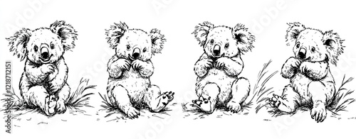 Set of delightful hand-drawn koalas in line art vector style featuring various poses and expressions. photo