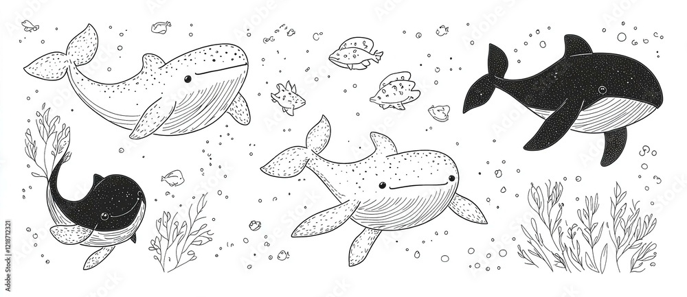 Obraz premium Set of cute hand-drawn whales in line art vector style showcasing whales in various poses perfect for ocean-themed designs marine life illustrations and children’s art