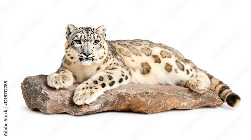 Majestic Snow Leopard Resting on a Rock, Closeup View Majestic Snow Leopard Resting on a Rock, Closeup View