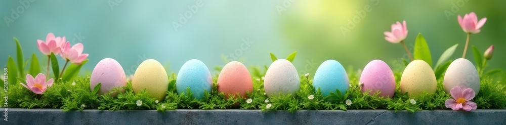 Pastel eggs nestled in spring greenery on grey concrete, scandi, bunny Pastel eggs nestled in spring greenery on grey concrete, scandi, bunny