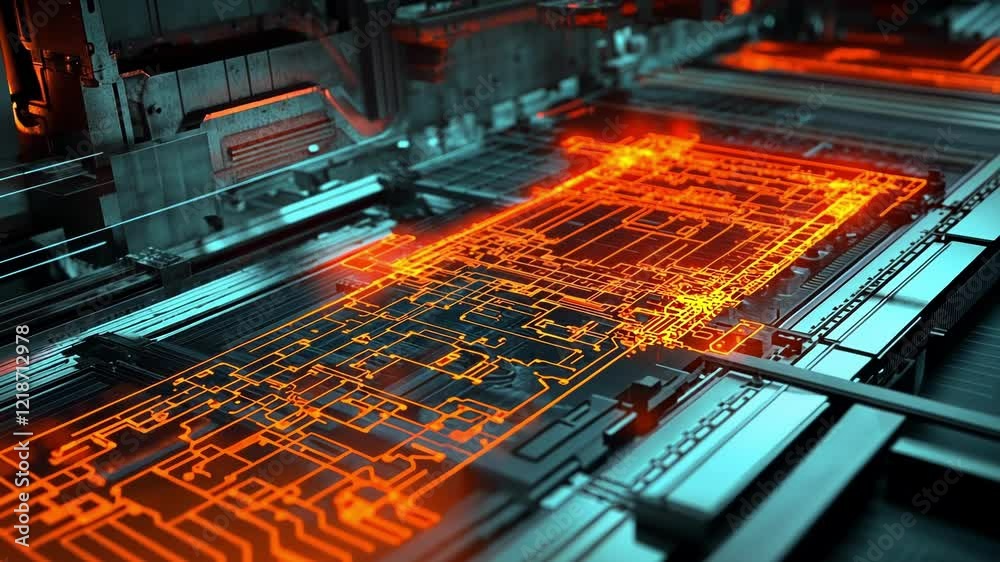 Complex network of glowing orange circuits illuminating a futuristic motherboard within a server room, showcasing advanced technology and data processing power