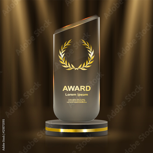 Realistic award. Winning medal. Glass 3D mockup. Acrylic design of first place prize. Silver or golden certificate. Competition trophy. Victory nominations. Vector exact elements set