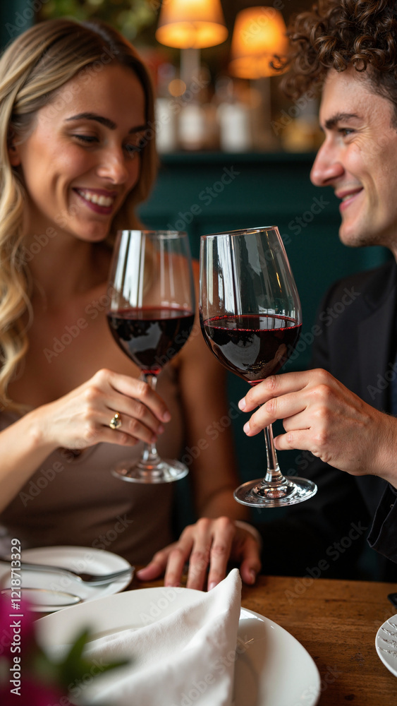 Romantic Couple Toasting with Red Wine at an Upscale Restaurant, Perfect for Wine Brands, Date Night Promotions, and Lifestyle Content Romantic Couple Toasting with Red Wine at an Upscale Restaurant, Perfect for Wine Brands, Date Night Promotions, and Lifestyle Content