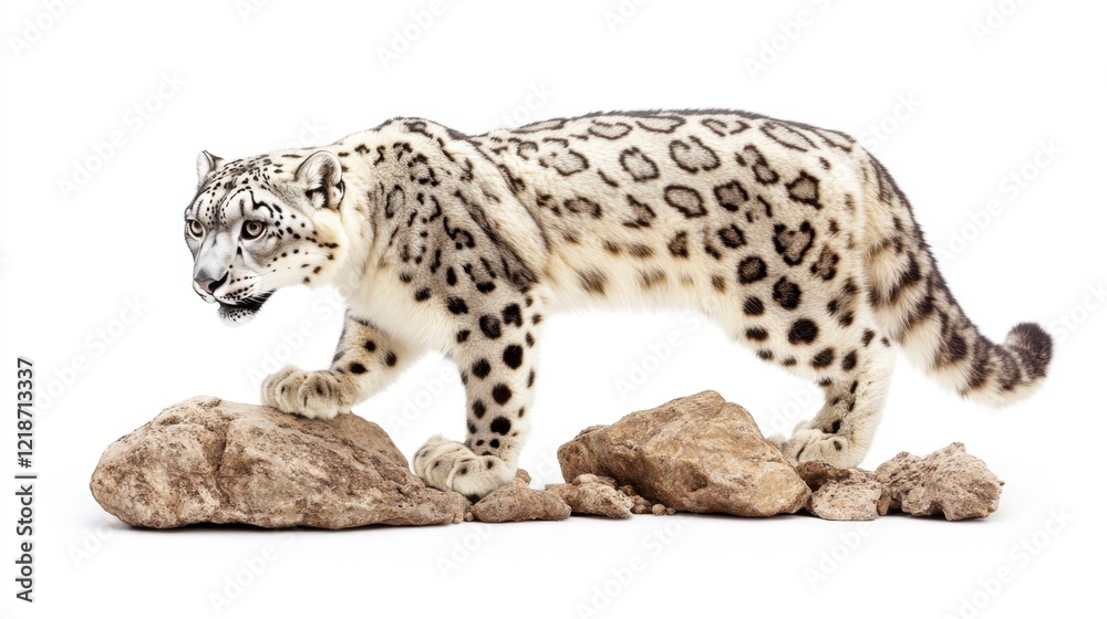 Majestic Snow Leopard Walking on Rocks Against White Background Majestic Snow Leopard Walking on Rocks Against White Background