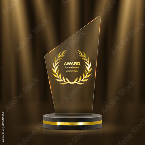 Realistic award. Winning medal. Glass 3D mockup. Acrylic design of first place prize. Silver or golden certificate. Competition trophy. Victory nominations. Vector exact elements set
