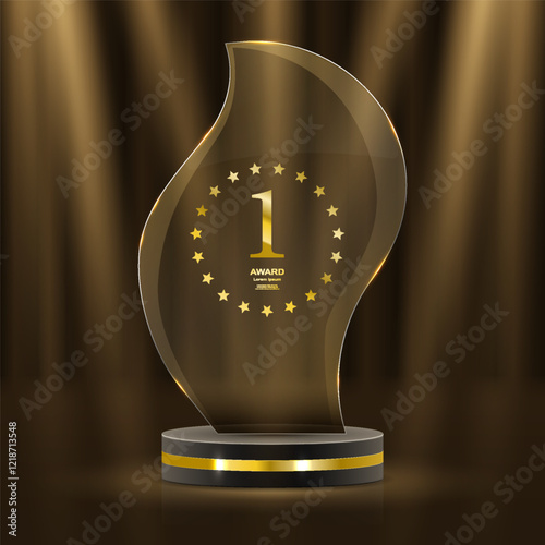 Realistic award. Winning medal. Glass 3D mockup. Acrylic design of first place prize. Silver or golden certificate. Competition trophy. Victory nominations. Vector exact elements set