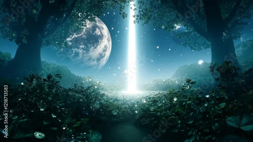 Enchanting walk through a luminous magical forest at night