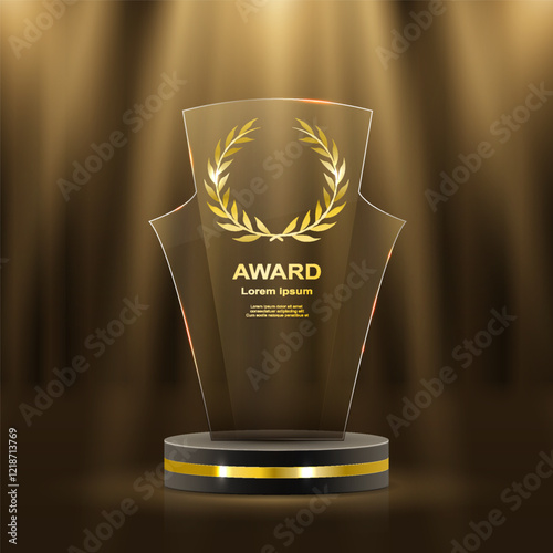 Golden award ceremony stage featuring glowing stars, luxurious laurel wreaths, and elegant gold ribbons. 3D realistic vector illustration showcasing a grand podium with glittering lights, light smoke,