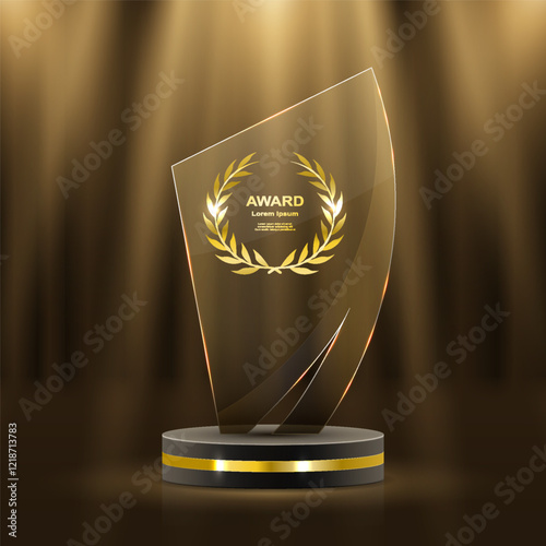 Set of glass award trophy with laurel wreath. Transparent prize template with golden laurel branches. Winner first place concept. Vector illustration.