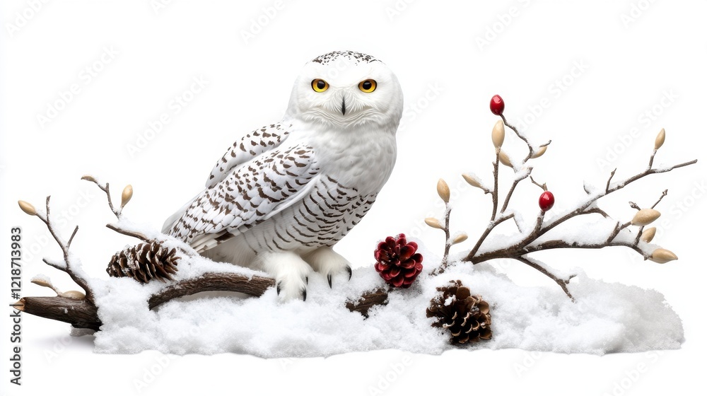 Fototapeta premium Majestic Snowy Owl Perched on Snow Covered Branches