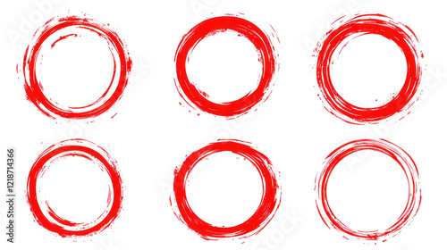 Vibrant red circular brush strokes arranged in a grid pattern for artistic use, isolated on a transparent background. PNG