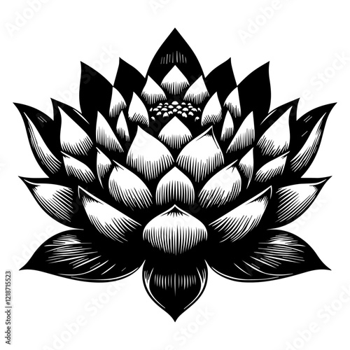 Beautiful Water Lotus Silhouette with Wide, Open Petals, Graceful Black and White Vector Design, Isolated on Transparent Background