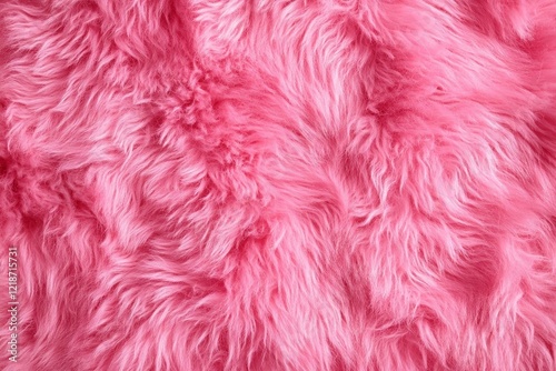 Pink fur texture top view. Pink sheepskin background. Fur pattern. Texture of pink shaggy fur. Wool texture.
