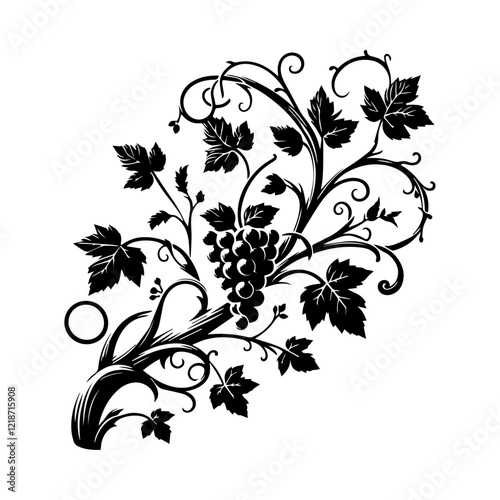 Beautiful Vine with Heart-Shaped Leaves and Twining Stems, Elegant Black and White Vector Illustration, Isolated on White Background