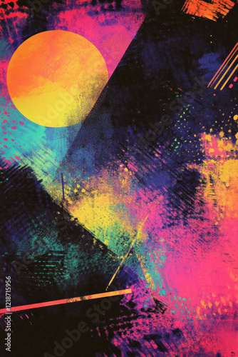 A moody halftone design with uneven grungy dots, infused with vivid cyberpunk colors and abstract neon patterns creating a dynamic effect.  photo