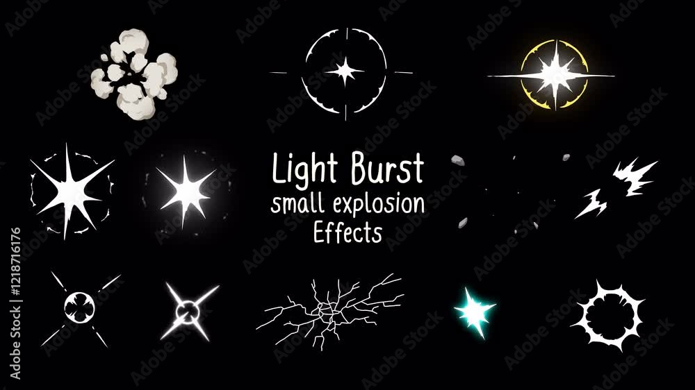 Set of light burst and small explosion effects, Len flare pop glow, radiant ray vfx, smoke, pebble wall break, fragments, impact anime style, wink, Hand-drawn animation on a transparent background