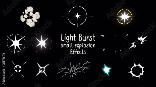 Set of light burst and small explosion effects, Len flare pop glow, radiant ray vfx, smoke, pebble wall break, fragments, impact anime style, wink, Hand-drawn animation on a transparent background