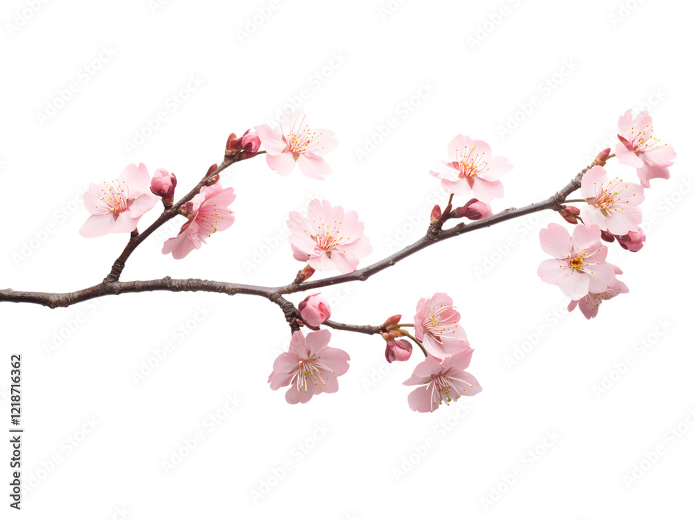 A branch of delicate pink cherry blossoms is beautifully isolated against a black background showcasing its vibrant color and intricate detail. A branch of delicate pink cherry blossoms is beautifully isolated against a black background showcasing its vibrant color and intricate detail.